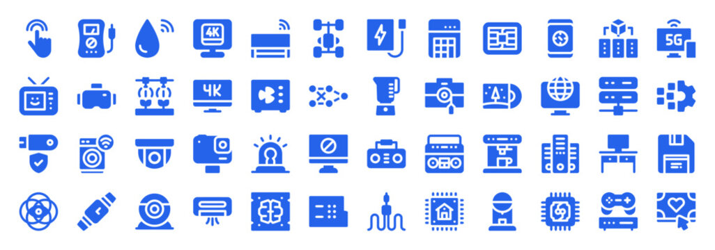 Blue Flat Icon Set Featuring Computing Hardware and Smart Electronic Components