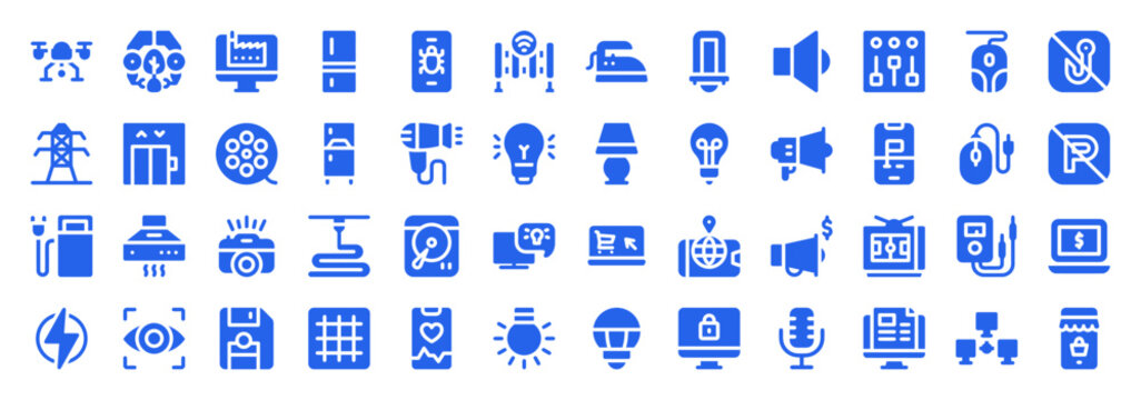 Blue Flat Vector Icons of Smart Utilities and Modern Electronic Appliances