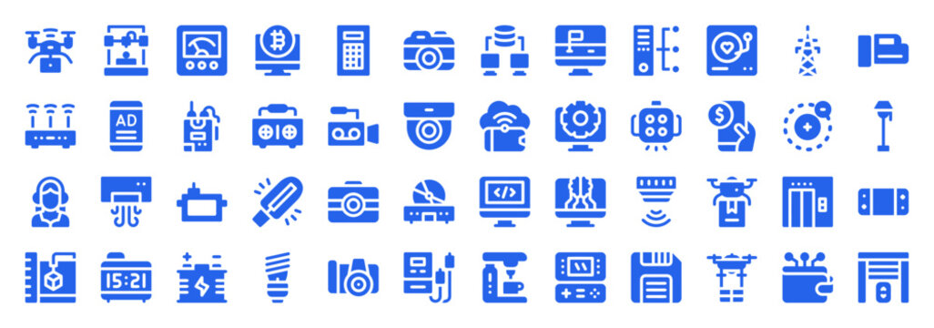 Blue Flat Vector Icon Collection of Industrial Technology and Digital Gadgets