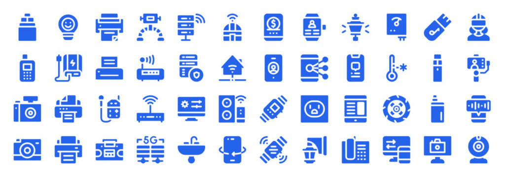Blue Flat Icon Set of Digital Connectivity and Electronic Peripheral Devices