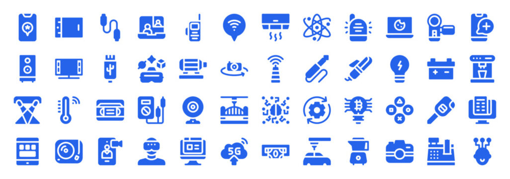 Set of Blue Vector Icons for Modern Electronics Virtual Reality and Smart Home Automation Devices