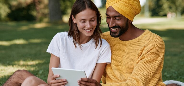 A happy multicultural couple enjoying a tablet video chat outdoors in a bright, lively park setting.