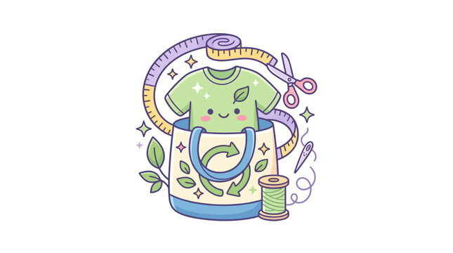 Kawaii sustainable fashion illustration with recycle bag and shirt.