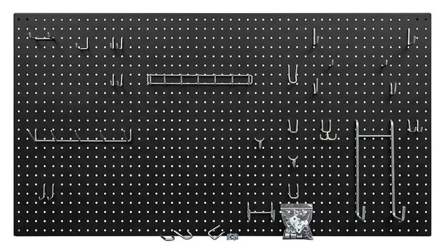 Organized Black Pegboard Wall With Assorted Tools And Hardware Storage Solutions