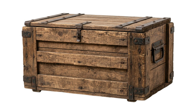 Antique wooden chest with metal hardware on a transparent background PNG file