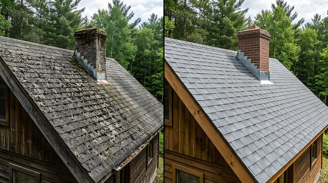 Comparison of Old and Newly Renovated Roofs on a Wooden Cottage in a Forest Setting
