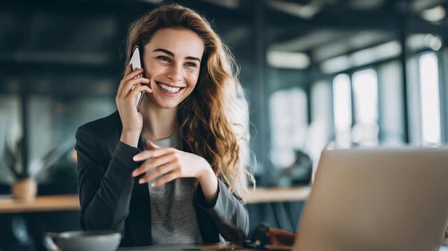 Young woman smiles while talking on phone. She waves with free hand. Laptop sits beside her on desk. Modern office setting in background. Natural light streams through large windows