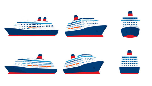 Set of cruise ship illustrations from multiple viewing angles