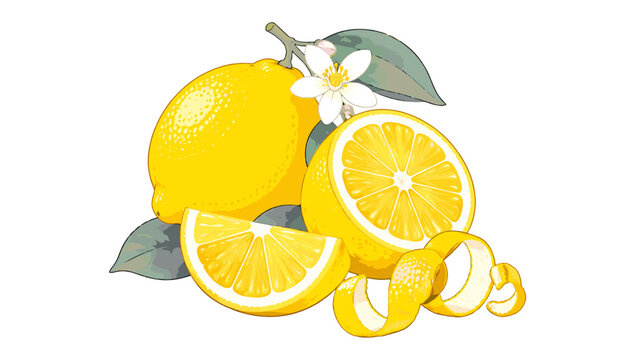 Fresh lemon fruits with slice, peel and blossom illustration