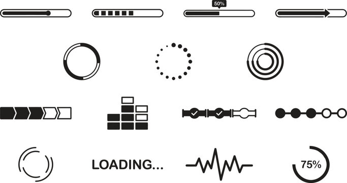 Loading Progress Indicators and Step Process UI Elements, Progress Bars, Circular Loaders and Status Icons Vector Set
