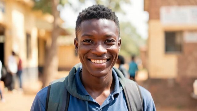 A joyful young man with a backpack smiling towards the camera in an outdoor setting.