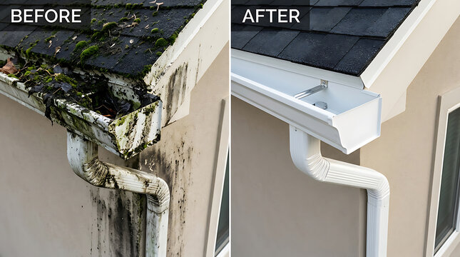 before and after transformation of roof gutter cleaning and repair showing the removal of debris and mold from the old gutter
