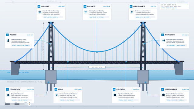 Technical engineering schematic diagram showing suspension bridge structural components with components through labeled