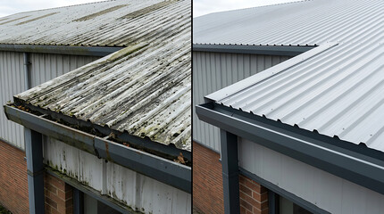 Fototapeta premium Comparison of Old and New Roofs Showing Renovation and Maintenance of Industrial Building Structures