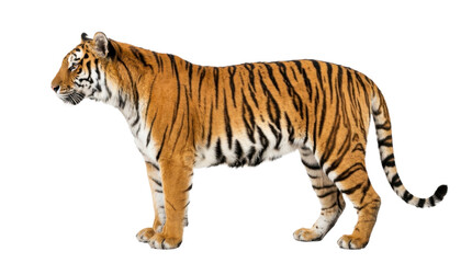Fototapeta premium Full body profile of a majestic Bengal tiger standing on a transparent background PNG file