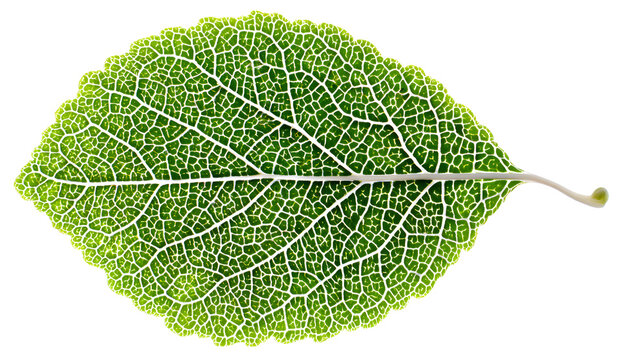 Detailed green leaf with visible veins and stomata pattern on white background with environment structure organic ecology biology science with nature