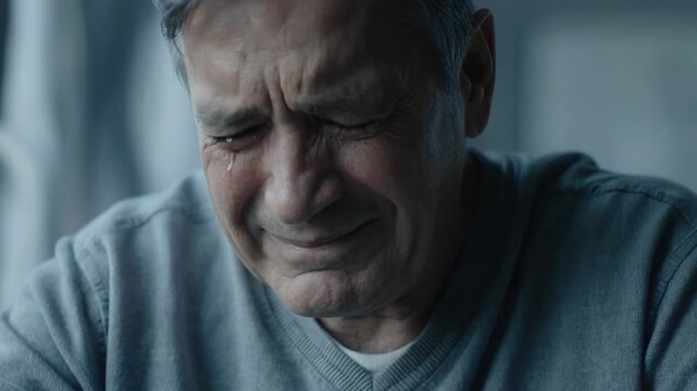 Elderly Man Crying in Sadness with Hand on Forehead During Dramatic Lighting