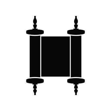 Black silhouette of torah scroll, parchment scroll with wooden handles for jewish holiday.