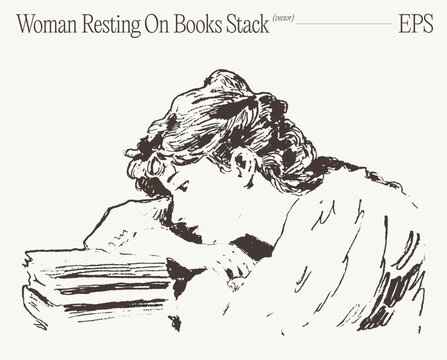 Woman Resting Head On Stack Of Books, Hand Drawn Sketch Illustration