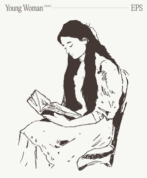 Young Woman Reading Book While Seated, Hand Drawn Sketch Illustration
