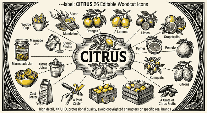 Vintage Woodcut Illustration of Citrus Fruit Icons Set featuring Oranges, Lemons, Limes, Pomelo, Kumquats, and Kitchen Tools like Juicers, Graters, and Mandolines for Food Design.