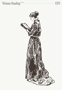 Standing Woman In Long Dress Reading Book, Hand Drawn Sketch Illustration