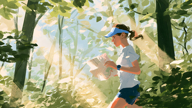 走る足を止めずに地図を確認する女性ランナーのオリエンテーリングイラスト