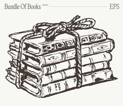 Bundle Of Books Tied With Cord, Hand Drawn Sketch Illustration