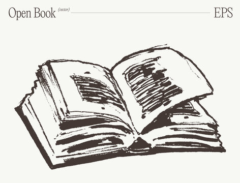 Open Book With Pages Visible, Hand Drawn Sketch Illustration