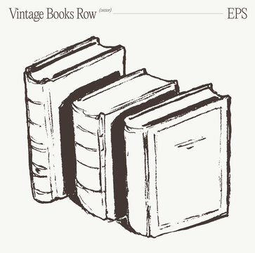 Row Of Standing Vintage Books, Hand Drawn Sketch Illustration