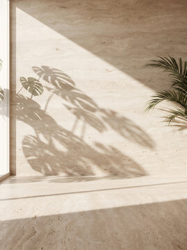 Minimal Travertine Stone Wall Mockup Background with Sunlight and Monstera Leaf Shadows