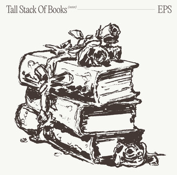 Tall Stack Of Books With Apples And Leaves, Hand Drawn Sketch Illustration