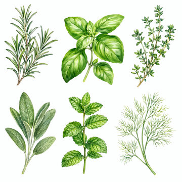 Watercolor culinary herbs clipart set with rosemary, basil, thyme and mint. Illustration isolated on white for recipe design