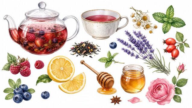 Watercolor tea clipart set with teapot, cup, loose leaves, berries, lemon, honey, lavender and rose. Illustration isolated on white for design
