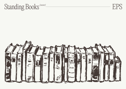 Long Row Of Standing Vintage Books, Hand Drawn Sketch Illustration