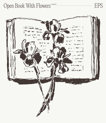 Open Book With Delicate Flower Stem On Pages, Hand Drawn Sketch Illustration © TheMountBirdStudio
