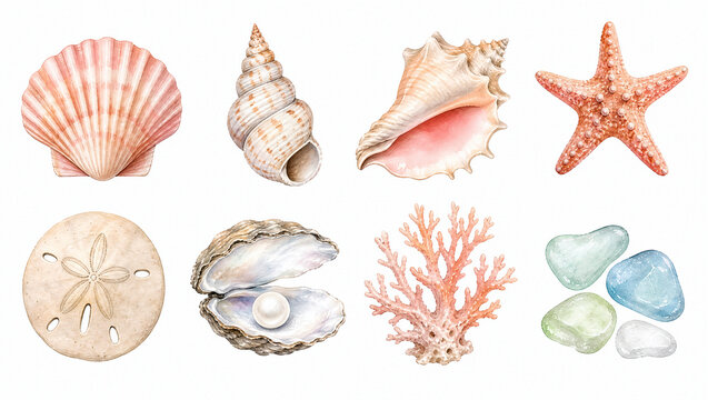 Watercolor seashell clipart set with starfish and pearl. Illustration isolated on white background for design