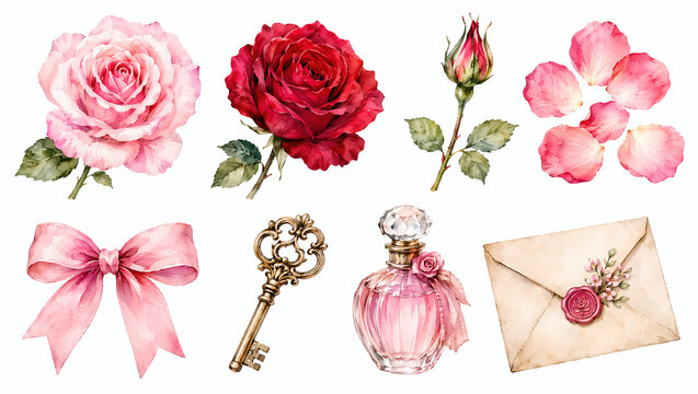 Watercolor romantic clipart set with roses and vintage key. Illustration isolated on white background for invitation