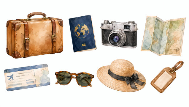 Watercolor travel vacation clipart set with suitcase, passport, camera, and map. Illustration isolated on white background for travel blog and planner