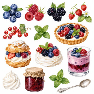 Watercolor berry desserts clipart set with tart and cream puff. Illustration isolated on white for recipe book