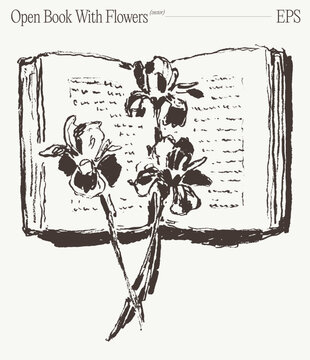 Open Book With Delicate Flower Stem On Pages, Hand Drawn Sketch Illustration