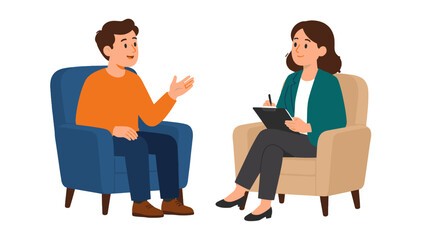 Obraz premium Man talking with woman taking notes in armchairs