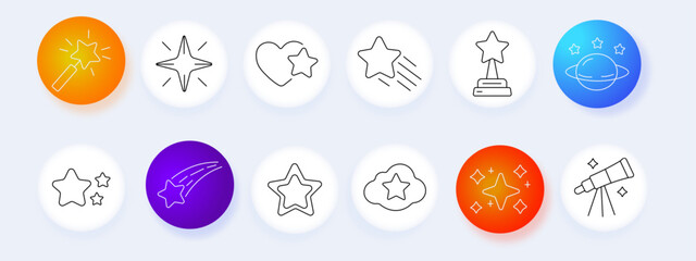 Stars set icon. Magical wand, radiant sparkle, romantic emblem, shooting comet, pedestal trophy, planetary orbit, fluffy cloud, telescope device, glowing celestial collection. © Anastasia
