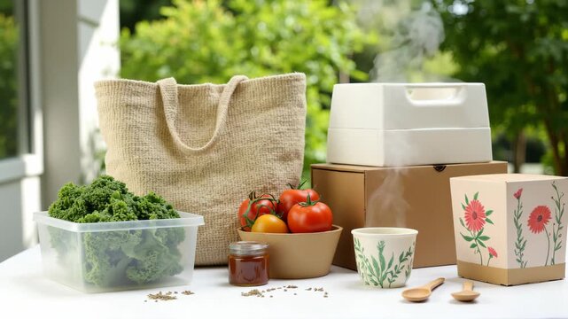 Fresh produce with rustic wooden table setting.