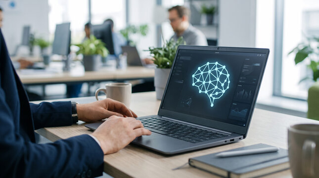 A person working on a laptop with a glowing digital brain icon on the screen, symbolizing artificial intelligence and technology, in a modern office environment