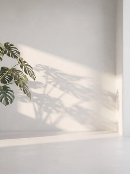 Minimalist monstera plant shadow on white wall summer background