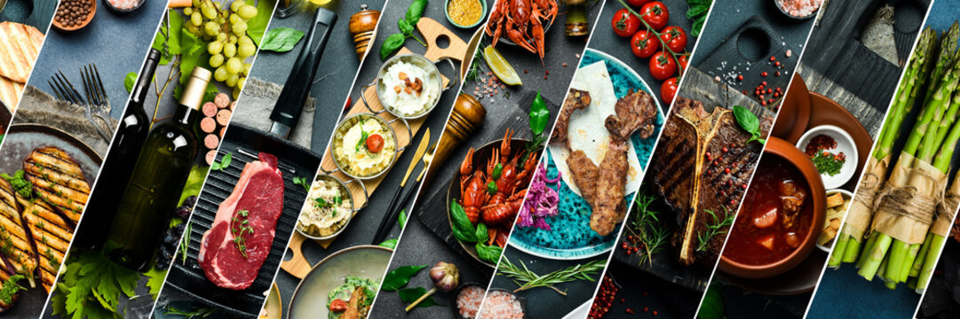 A food collage featuring grilled steaks, shrimp, soups, and kebab. The varied culinary dishes are richly presented. They rest on a dark textured background.