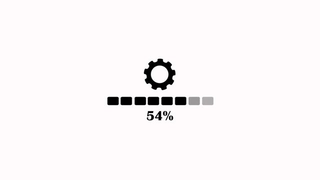 Settings progress indicator with gear icon animation on white background. Loading bar animation with settings icon. Digital progress bar monitors operating system update status with alpha channel