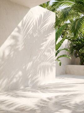 Minimalist tropical patio with palm leaf shadows summer background