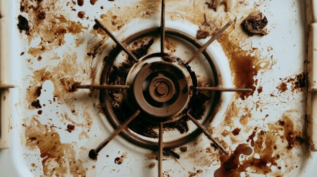 Dirty white enamel gas stove top with burnt oil stains, grease marks and food residue around burner and iron grate, showing kitchen cleaning concept, hygiene challenge and household maintenance